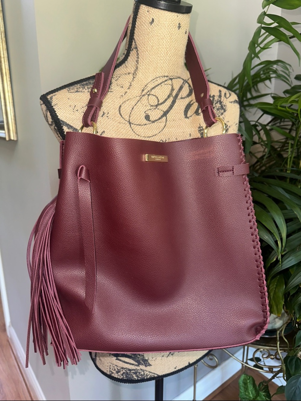 Fringed Tassel Wine-Red Shoulder Tote with Gold Plaque Katie LOXTON NWOT